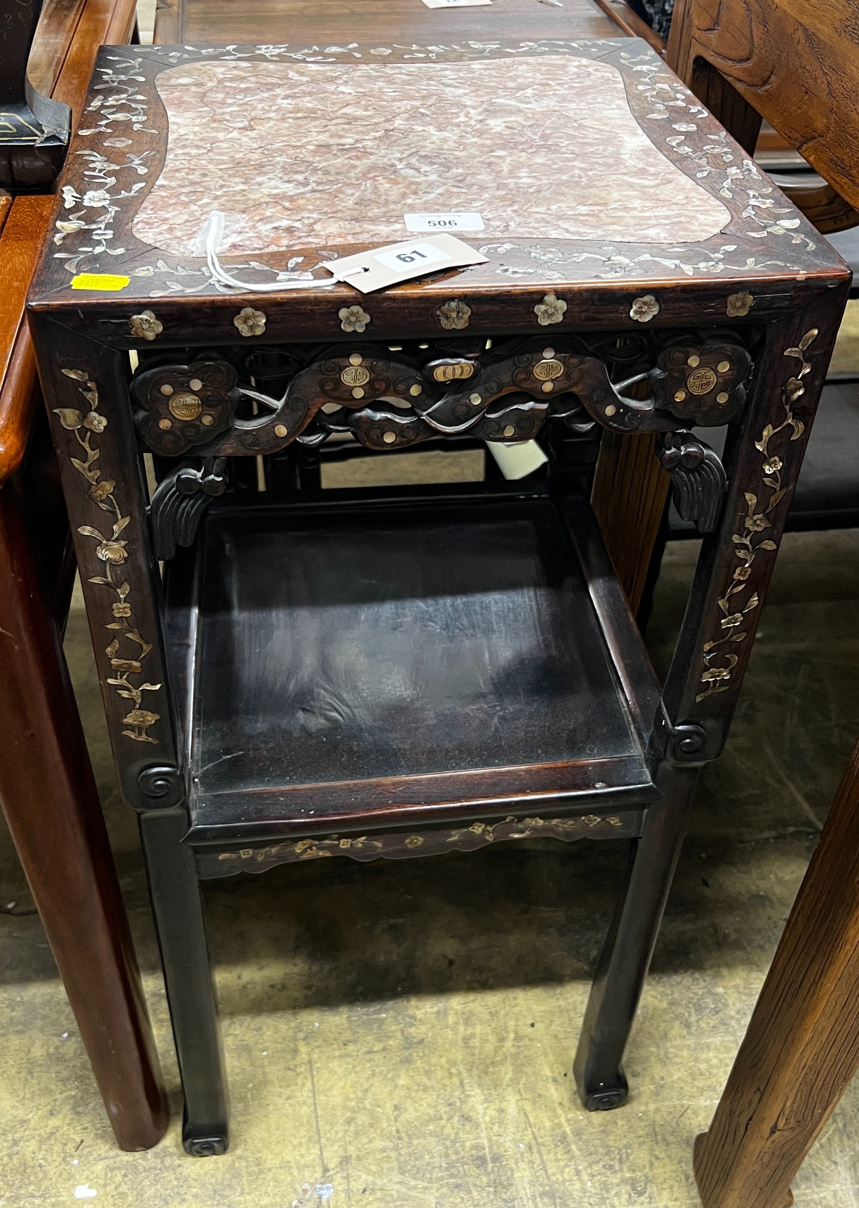 A Chinese mother of pearl inlaid square marble top hongmu two tier vase stand, width 38cm, height 80cm